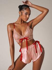 SHEIN BAE Lace Cami Top & Tie Side Shorts PJ Set - Baby Pink - View 4