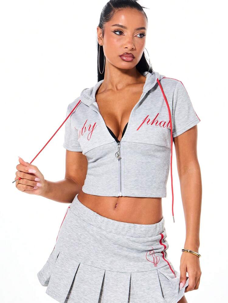 BABYPHAT Women Heather Short Sleeve Zip Up Cropped Hoodie With Hood Casual Streetwear Track Top