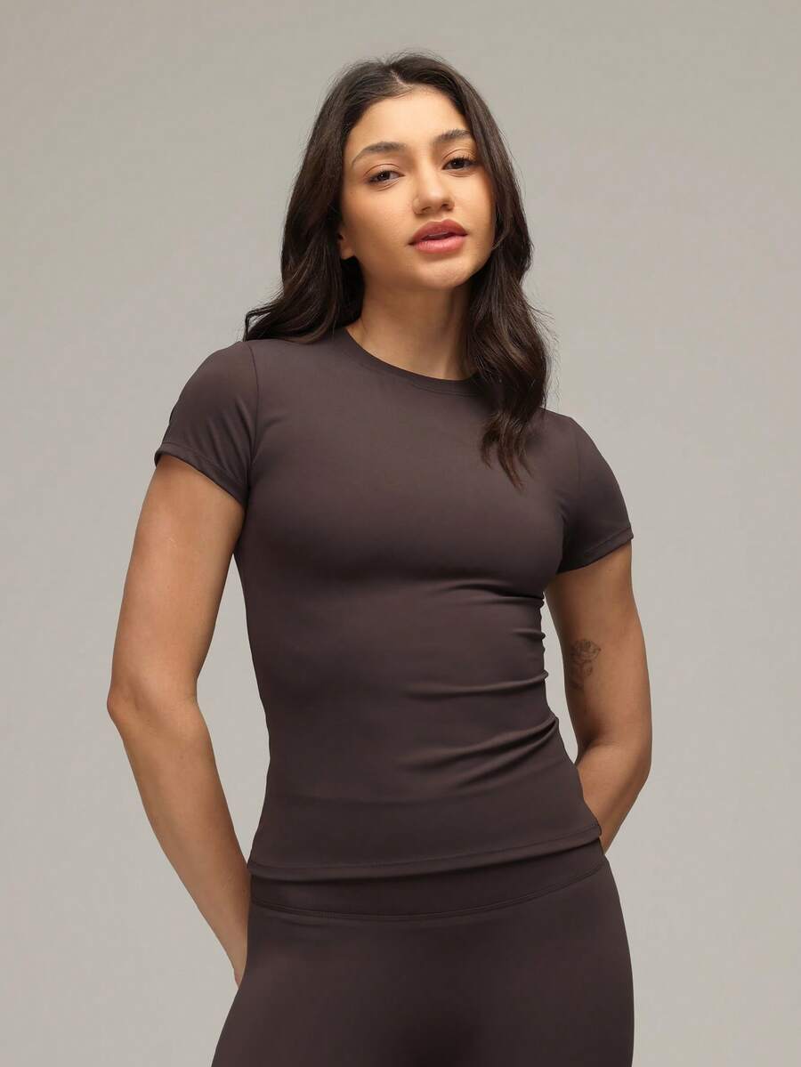 Sigmas Women's Slim Fit Stretch Short-Sleeve Tee Shirt - Coffee Brown - View 1