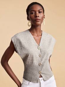 Travachic 女士V领金属单排扣休闲针织上衣，适合度假、春假、派对、海滩、春季、情人节、女士情人节、狂欢节服装等场合，优雅、花卉图案，适合春夏季节、派对、夏季上衣、情人节上衣、婚礼宾客上衣、生日上衣、派对上衣、优雅女士上衣、夏季上衣、狂欢节服装、墨西哥风情波西米亚风女士上衣 - 卡其色 - 查看 4