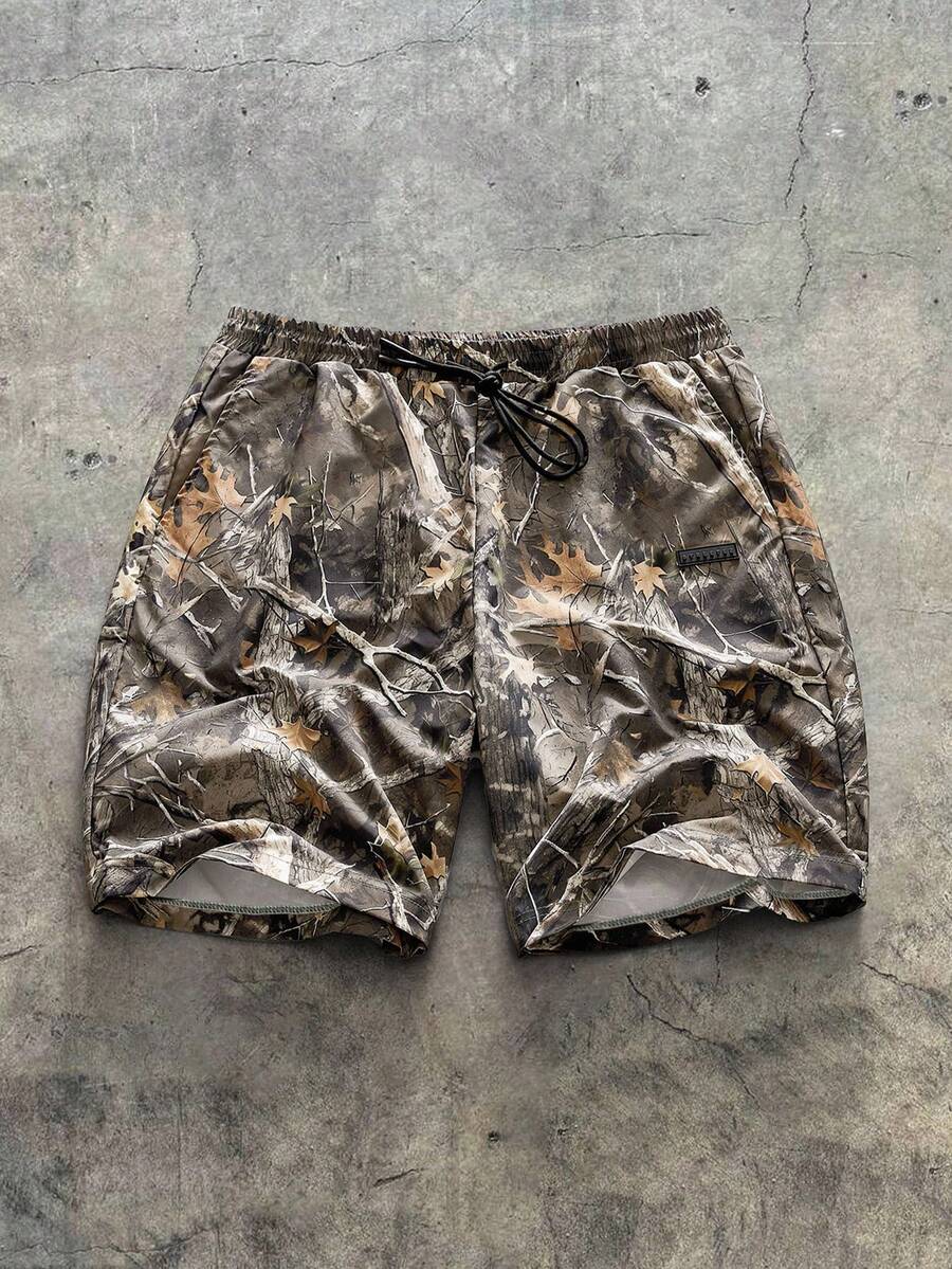 EASEVO Plus Size Men's Branch Print Pocket Loose Casual Shorts - Multicolor - View 1