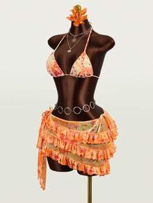 Zestiva 3pcs Tie-Dye Gradient Print Sexy Women Bikini Set, Summer Beach - Orange - View 5