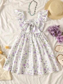 SHEIN Gaun Anak Perempuan Remaja Elegan dengan Hiasan Pita dan Rumbai Motif Bunga, Gaun Remaja Perempuan dengan Pita di Belakang, Gaun Musim Semi untuk Anak Perempuan dengan Lengan Bergelombang - Mauve Purple - View 3