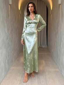 Aloruh 优雅通勤茶会休闲绿色提花长袖连衣裙，V领春季连衣裙 - 綠色 - 查看 2