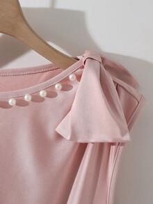 GlowEve Women's Round Neck Pink Pleated Bow Design Short Elegant Fashionable Knit Sleeveless A-Line Waist Cinched Slim Dress - Pink - View 8