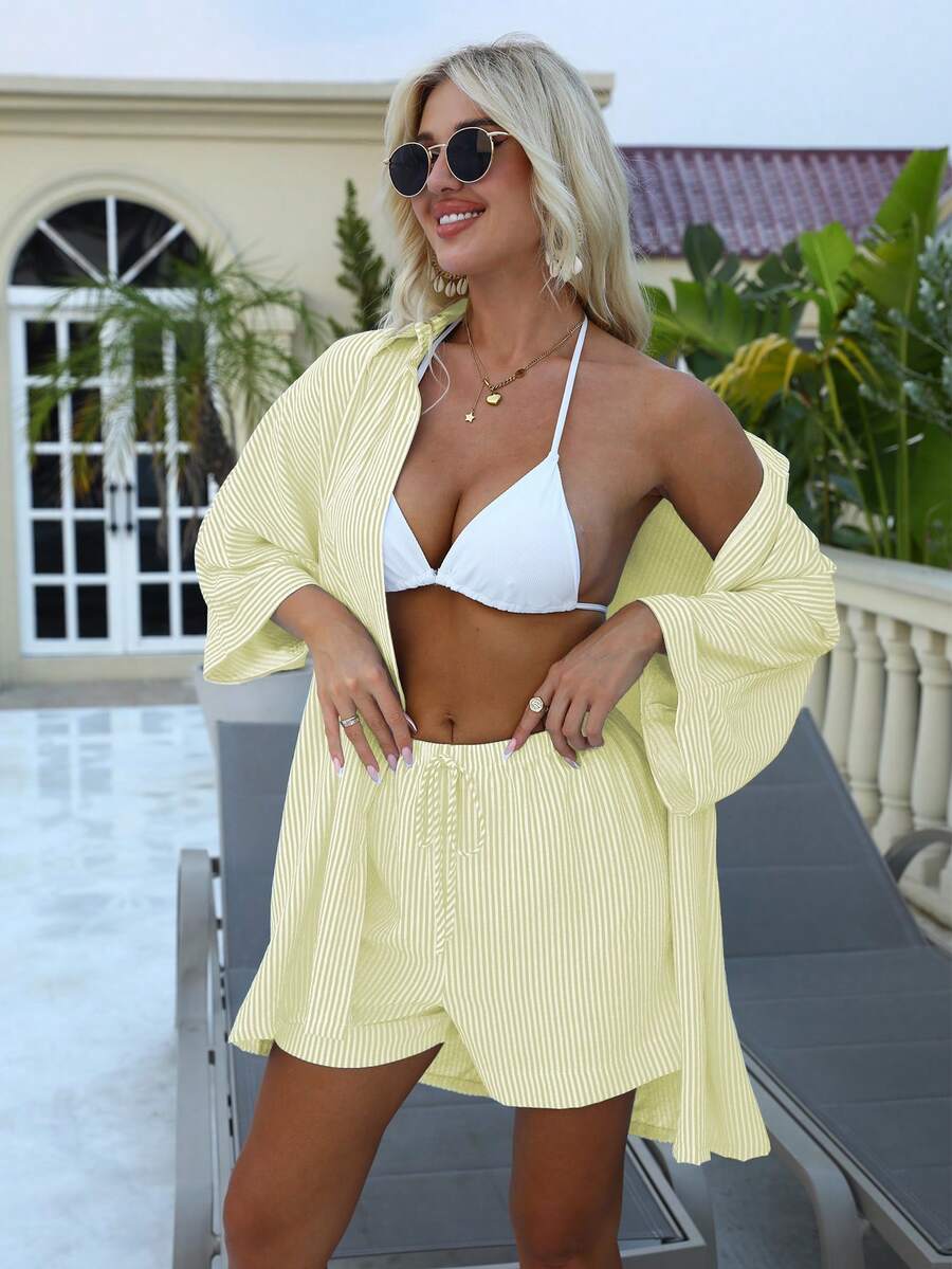 SHEIN Holidaya 春假海滩度假装扮：女士两件套黑白条纹七分袖衬衫和短裤，夏季海滩休闲罩衫 - 芥末黃 - 查看 1