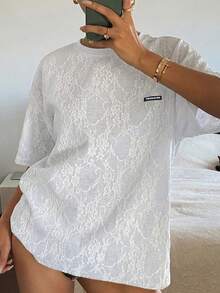 Áo thun nữ dáng rộng, thoải mái, chất liệu ren jacquard, họa tiết chữ, thích hợp mặc hàng ngày đi làm, mùa hè. - trắng - Xem 3