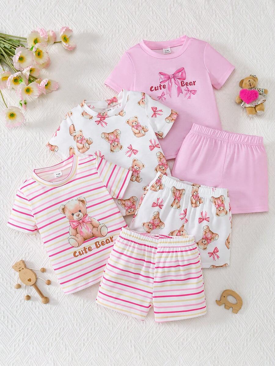SHEIN Playful Pals Bộ 6 món cho bé gái sơ sinh 0-3 tuổi, mùa xuân hè, kiểu dáng dễ thương, áo thun và quần short họa tiết thỏ, màu trơn và kẻ sọc. - Hồng - Xem 1
