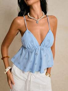 Poéselle 女士纯色镂空刺绣休闲吊带背心，夏季 - 藍色 - 查看 5