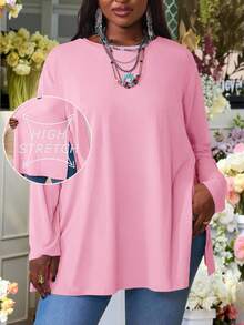 SHEIN CURVE+ Camiseta holgada de manga larga con cuello redondo, hombros caídos, bajo con abertura y unicolor, para mujer de talla grande, ropa de verano/otoño, CURVE PLUS - Rosa - Ver 1