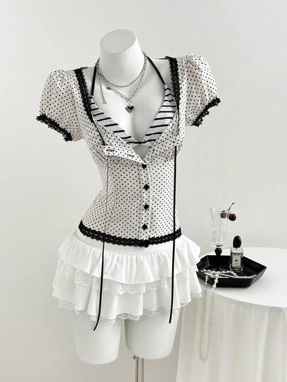 Elamini Vintage Sweet Square Collar Contrast Color Lace Ruffle Polka Dot Puff Sleeve Fitted Blouse, Summer