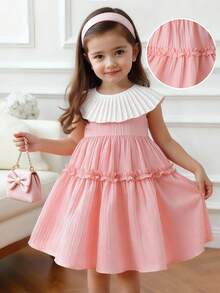 粉色纹理编织面料连衣裙，配白色褶皱领和荷叶边下摆，适合休闲、可爱、优雅、度假等场合穿着。 - 粉色 - 查看 3