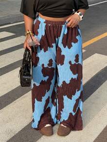 SHEIN EZwear 2026春夏新款休闲外出日常穿着宽松喇叭长裤，适合派对、生日、音乐节、返校、通勤、度假等多种场合，大码，蓝咖啡牛奶纹理，盐渍红色，褶皱印花 - 彩色 - 查看 6