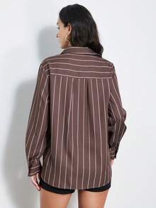 Aveloria Modichic New Arrival Women's Fashion Versatile Pocket Striped Blouse - Mocha Brown - View 2