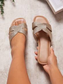 Hauture Metallic Woven Dual Cut Out Flat Slide Sandals Spring Shoes Spring Break Easter Vacation Shoes Casual Shoes Beach Shoes Mother's Day Present For Christmas Valentine's Day - Gold - View 2