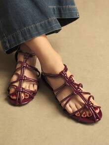 Women's Burgundy French Style Flat Strap Shoes, Fashionable For Daily Wear, Spring/Summer - Burgundy - View 5