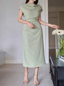 DAZY Women's Elegant Solid Color Asymmetrical Shoulder Long Dress, Summer Wedding Guest Dress Sundress - Green - View 6