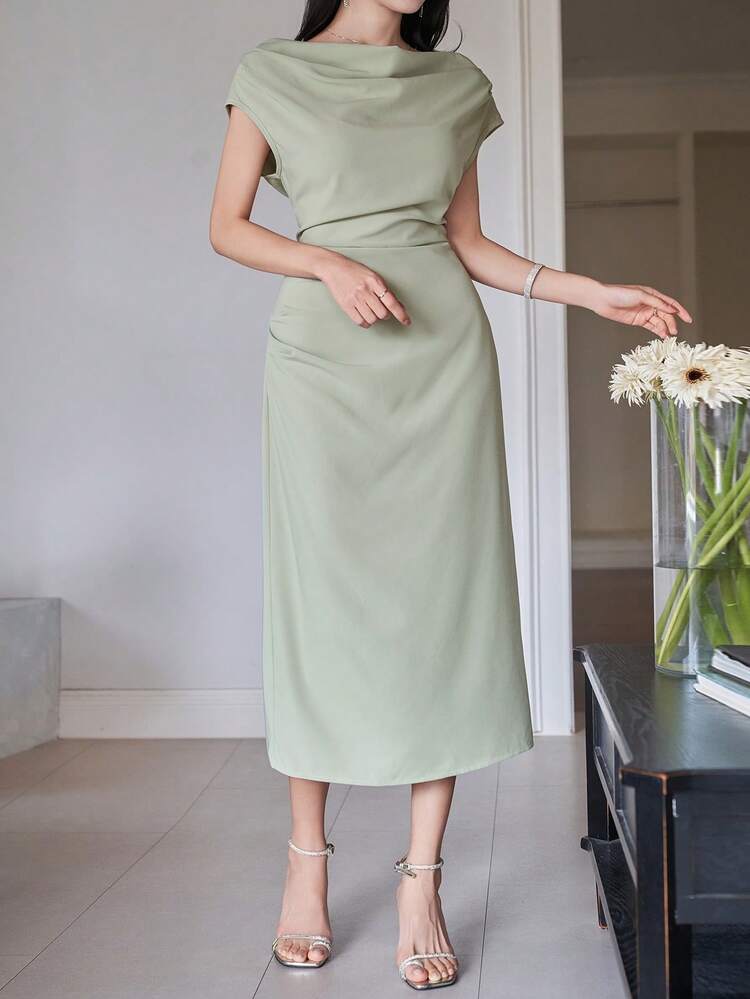 Women's Elegant Solid Color Asymmetrical Shoulder Long Dress, Summer Wedding Guest Dress Sundress