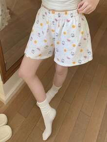 DAZY Cute Cartoon Bear & Fruit Print Textured Fabric Short Women Pajama Bottoms - White - View 7
