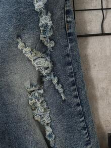 SHEIN Modische Slim Fit Jeans Shorts mit Destroyed-Effekt in hellblau für Tween Jungen, lässig und vielseitig für den Alltag - Dunkle Waschung - Übersicht 7