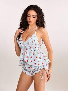 plantica Y2K Stylish Women Casual Sexy Striped Floral Print Long Sleeve Shorts Pajama Set, Suitable For Vacation, Date, Home, Valentine's Day, Spring/Summer, Wedding Guest, Music Festival, Musician, Night Club - Multicolor - View 4