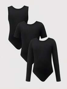 Colección de 3 piezas de maillots de ballet para niñas pequeñas, con estilos de manga larga, manga corta y de tirantes en negro clásico, todos hechos de tela sedosa de alta elasticidad con un ajuste ceñido, diseñados específicamente para la práctica diaria de danza, ensayos y entrenamiento de clase de ballet - Negro - Ver 3
