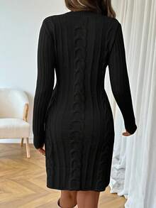 EMERY ROSE V-Neck Cinched Waist A-Line Sweater Dress, Floral Texture, Casual & Business Elegant, Warm For Autumn/Winter - Black - View 2