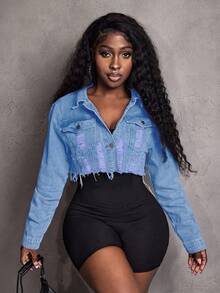 Slaydiva Áo khoác denim nữ dáng ngắn, phong cách thường ngày, bạc màu và rách rưới. - Màu xanh lam - Xem 4