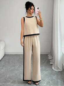 Elenzga Bộ đồ 2 mảnh thắt nơ phối màu thanh lịch mới dành cho nữ mùa Xuân/Hè 2026 - Màu Khaki - Xem 7