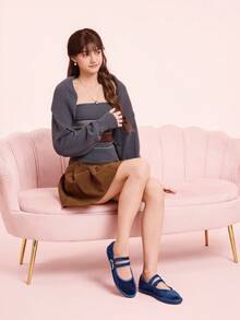 CUCCOO DOLLMOD 女士灰色优雅天鹅绒经典舒适天鹅绒平行双带玛丽珍平底鞋 - 藏蓝色 - 查看 6