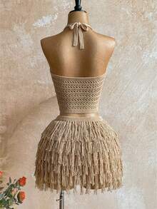 Soleia Women's V-Neck Halter Tie Backless Crop Top And Fringe Hem Mini Skirt 2 Piece Set, Suitable For Party, Christmas, Date Night, Nightclub, Bohemian, Boho, Vacation, Fall - Apricot - View 2