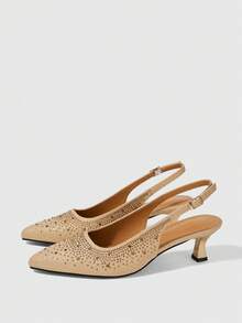 Tacones altos de moda versátiles para uso diario con diseño de hebilla y cristales para mujer, ideales para Navidad - Dorado - Ver 10
