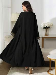 Al Najma Women's Loose Splice Tassel Cuff Abaya Dress With Waist Twist, Conservative Outfit - Black - View 6