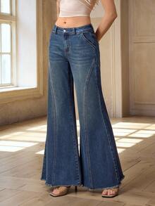 Selenza 女士时尚休闲水洗斜插口袋毛边喇叭牛仔裤 - 藍色 - 查看 3