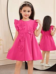 SHEIN Đầm dệt màu trơn thanh lịch cho bé gái, kiểu dáng ôm sát, họa tiết hoa, tay bồng, viền bèo, thích hợp cho kỳ nghỉ thường ngày. - Màu Hồng Tươi - Xem 5