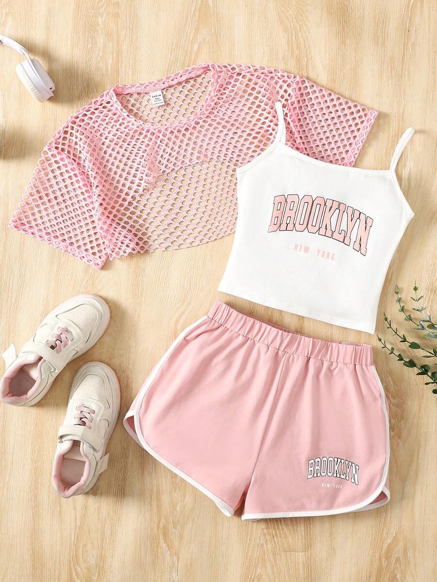 SHEIN 3件套少女夏季休闲度假运动日常通勤字母印花吊带背心、网纱透视上衣和海豚短裤 - 粉色 - 查看 1