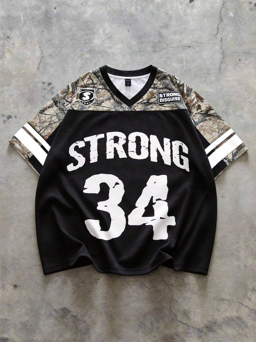 Manfinity EMRG Men's Summer Casual Patchwork Branch & Letter Print V-Neck Short Sleeve T-Shirt - Multicolor - View 1