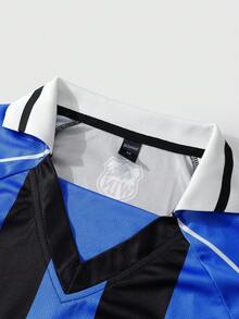 ROMWE MEN Spring Casual Graphic Men'S Casual Numeric Striped Print Polo Shirt, Sports Style - Blue - View 6