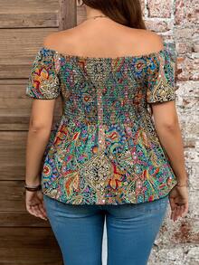SHEIN PETITE CURVE 大码女式休闲褶皱露肩短袖腰果印花衬衫 - 彩色 - 查看 2