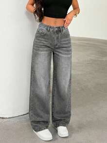 SHEIN Tall Women's Pocket Loose Wide Leg Casual Versatile Jeans - Grey - View 3