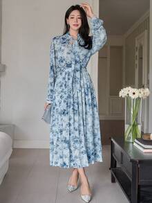 DAZY Women's Elegant Floral Print Tie Collar Blouse And Skirt 2-Piece Set, Spring/Summer,Wedding Guest Dress Women - Blue - View 3