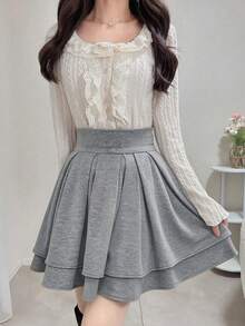 FRIFUL 女士黑色纯色高腰褶裥短款休闲百搭修身迷你裙，秋冬款 - 灰色 - 查看 6