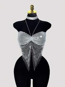 EgrlEra Tall Women's Rhinestone Fishnet Spaghetti Strap Camisole, Sexy Sheer Sparkly, Suitable For Holiday Party - Light Grey - View 5