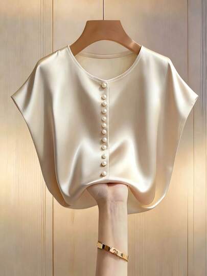 Franclia Women's Champagne-Colored Batwing Sleeve, Elegant Round Neck, Pearl Short-Sleeved Blouse, Satin Fabric, Summer Top, Summer Holiday Outfit, Women's Summer Wear, Women's Spring Wear, Women's Valentine's Day Outfit, Carnival Women's Look, Party Top, Women's Beach Wear, Women's Elegant Blouse, Women's Casual Top, Sequined Top, Camisole, Women's Beach Vacation Outfit, Sparkly Top, Pearl Top, Solid Color Top, Suitable For Commuting, Everyday Elegance.Fashionable Casual Commuter Wear, Business Office Wear, Versatile And Stylish Everyday Casual Wear, Urban Teacher's Professional Attire