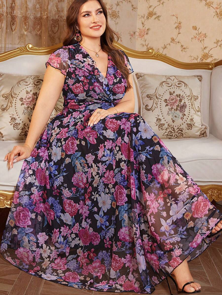 Reflora 大码女士优雅印花连衣裙，夏季婚礼礼服