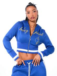 BABYPHAT Women's Cropped Full Zip Hooded Sweatshirt With Yellow Script Text Front Graphic Print Royal Blue Casual Streetwear - Blue - View 1