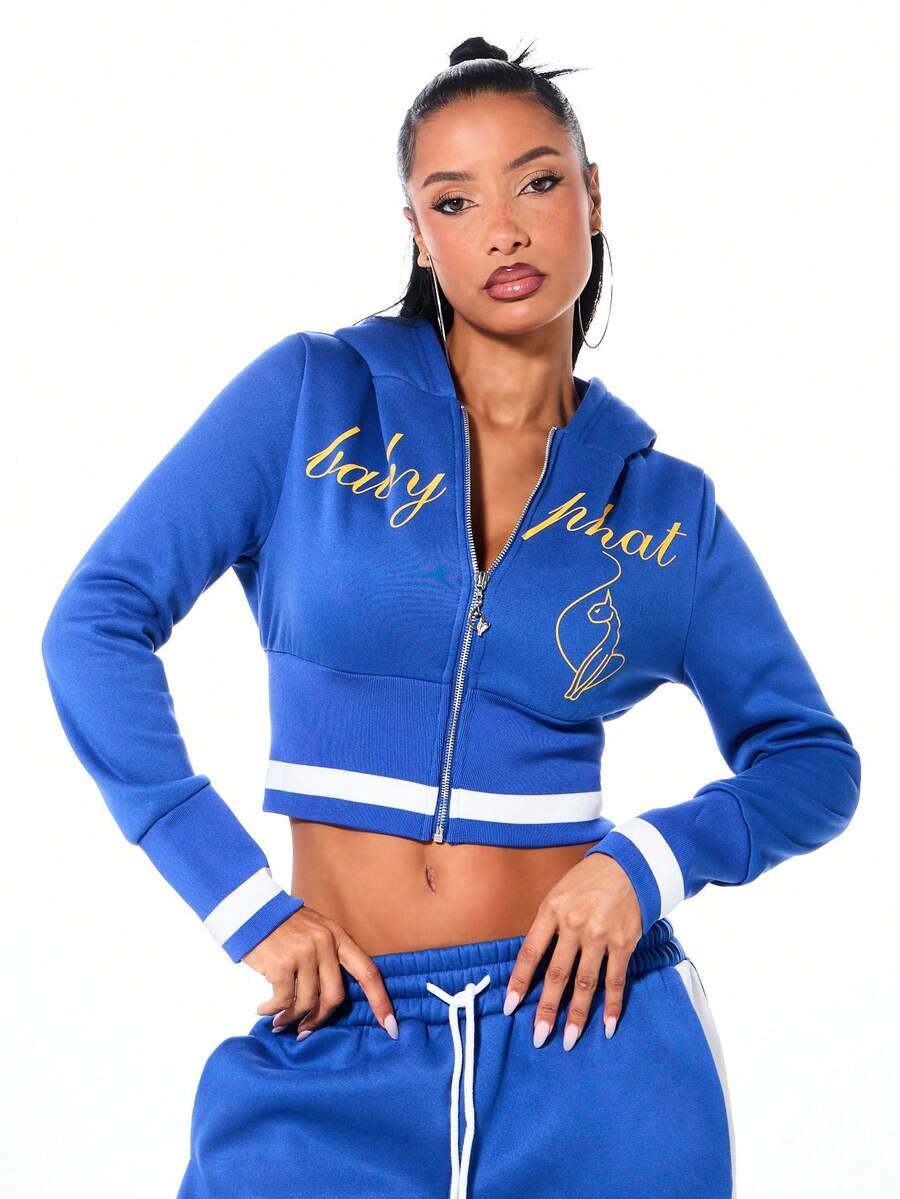 BABYPHAT Women's Cropped Full Zip Hooded Sweatshirt With Yellow Script Text Front Graphic Print Royal Blue Casual Streetwear - Blue - View 1