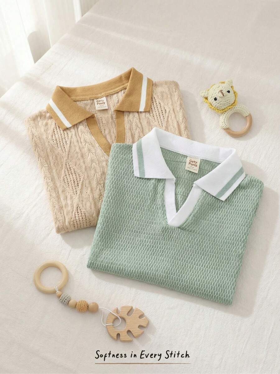 Cozy Pixies 2件套男婴条纹针织软领短袖套头衫套装 - 彩色 - 查看 1