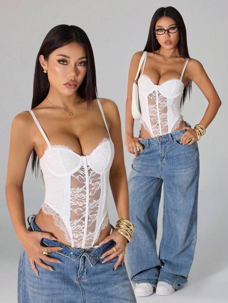 SHEIN PETITE Áo liền thân gợi cảm phối ren tương phản dành cho nữ - trắng - Xem 1