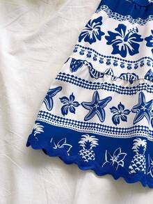 Soleia Tropical Shell Print White Blue,Summer,Casual,Tropical,Vacation,Holiday New Wave Strap Mini Dress,Boho Floral Spring Outfit Women,Weddings - Multicolor - View 3